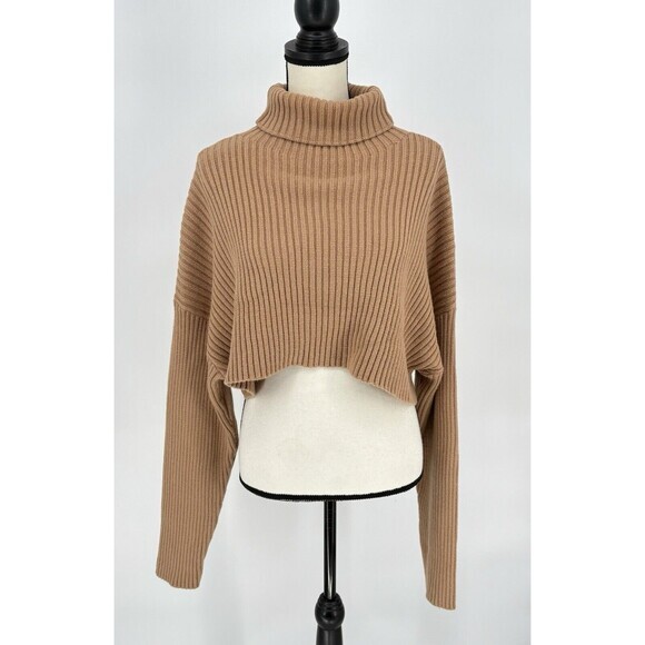 MIMOSA Women’s Sz Small Beige Cropped Turtleneck Sweater Cozy Oversized - Picture 2 of 9